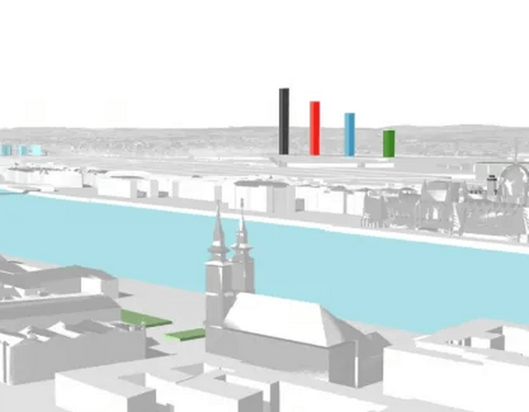 A Rákosrendező területén álló 140 m-es, 240 m-es, 320 m-es és 420 m-es tornyok megjelenése a Hősök tere, a Halászbástya és a Gellért-hegy felől – Forrás: Főpolgármesteri Hivatal, BFVT